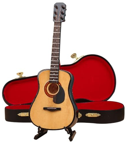 Mini-Gitarre, 3, 9 Zoll kleine Gitarre aus Holz, Miniatur mit Ständer und Koffer, Sammlerspielzeug für Puppenhaus, Heimdekoration, Stil 1, Miniatur
