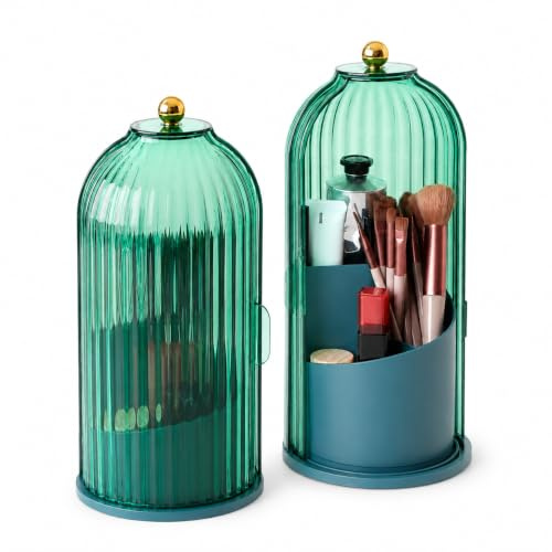 FAVORTALK Make Up Kosmetik Organizer, 360 Drehbarer Make-up-Pinselhalter, Organizer, Transparent, Staubdicht, Make-up-Pinsel-Organizer mit Deckel für Schminktisch, Badezimmer, Schlafzimmer (Grün)