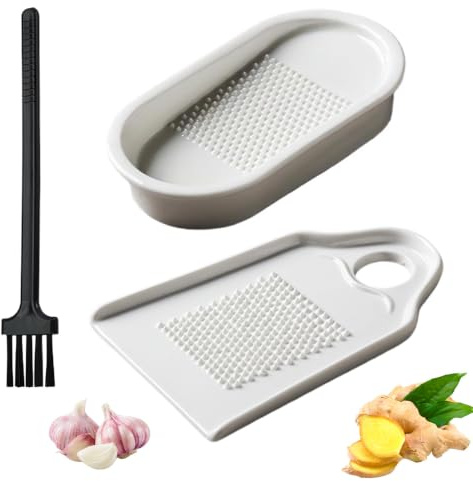 2pcs Plato Rallador De Ajo Ceramica Ceramic Grater Plate Plato Rallador,Incluye 2 Cepillos, Apto Para Cocinas DoméSticas, Molienda RáPida, 13,80 X 8,60 X 1,20 Cm / 12 X 6,20 X 2,20 Cm, Blanco