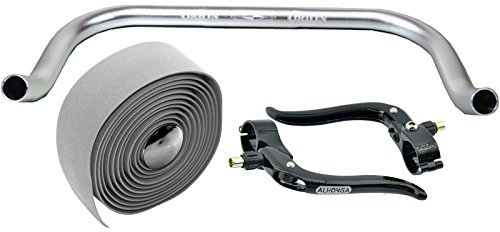 Permanent cykel bullhorn Fixie Singlespeed racercykel triathlon-styre silver 400 mm med matchande bromsspak och grått styrband