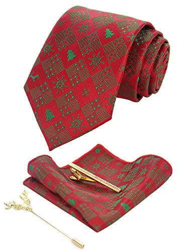 JEMYGINS Cravate Homme Arbre de Noël rouge/vert en Soie de Noël Christmas et Pinces à cravate et Carre de poche Emsemble