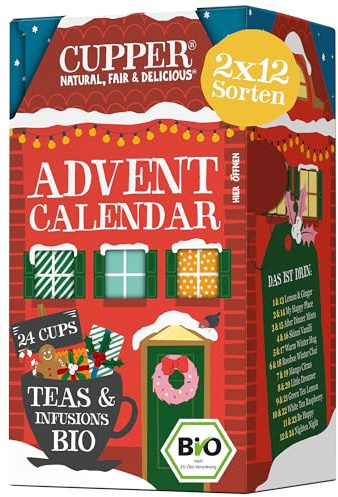 Cupper Bio Tee Adventskalender 2025, Geschenk Weihnachten, Weihnachtskalender ohne Schokolade mit 24 Teebeuteln, 2x12 Sorten, zwei neue exklusive Sorten