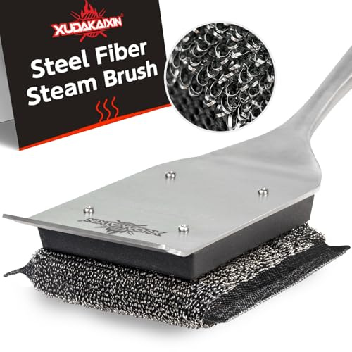 XUDKAKAIXIN Grill Brush Bristle Free,No Bristle Shedding,with 2 Replacement Head,Unique Steel Fibers Pad Perfect for Cast Iron/Stainless-Steel Grates-,Grill Cleaner for Outdoor Gril