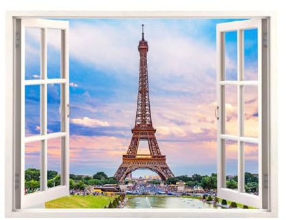 SUPERDANT Bunte Eiffelturm Wandaufkleber 3D Fensteransicht Wandaufkleber Fensteransicht Naturfotografie Wandkunst Vinyl Aufkleber Für Wohnzimmer Schlafzimmer Büro