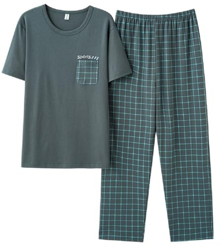 Havejoy Pijama Hombre Pantalón Largo y Camiseta Manga Corta Ropa de Dormir con Bolsillos Suave y Cómodo Pijamas Dos Piezas Chandal Completo Verano Conjunto para Estar en Casa Sleepsuit Lounge Wear Set