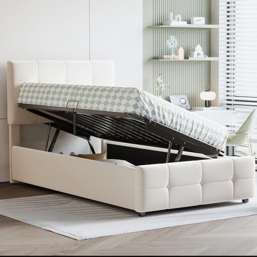 Ymkua Polsterbett Einzelbett Bett 90x200 cm, Kinderbett Jugendbett mit Stauraum Bettkasten, Hydraulisch Bettgestell Boxbett mit Verstellbares Kopfteil und Lattenrost, Samtstoff, Ohne Matratze (Beige)