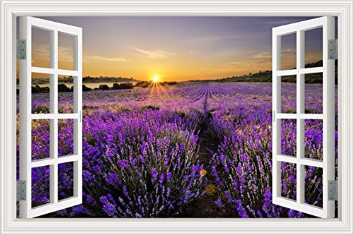 Lavender Sunset Landscape Wall Stickers for Bathroom Bathtub Washer Window Nursery Kids Room Decor Vinyl Decals with Purple Lavender View Large Size 160X120Cm