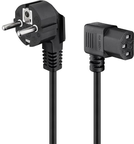 TECHZOCO Cable de alimentación acodado CPU, Enchufe Tipo F (CEE 7/4) 90° Ángulo Toma de Entrada C13 Enchufe 90° en Ángulo, Sección 1 mm², para Ordenador, Monitor, Impresora, Negro, 2 Metros