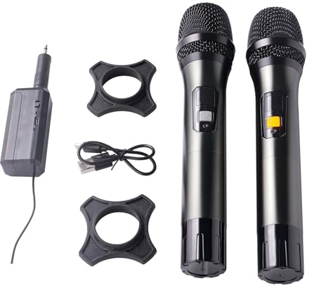 Warmiehomy 2 Wireless Microphones, UHF Dual Cordless Metal Dynamic Mic System, Karaoke Microphone with Rechargeable Receiver, Karaoke Mic for Singing Speech Church Party Home KTV DJ Wedding