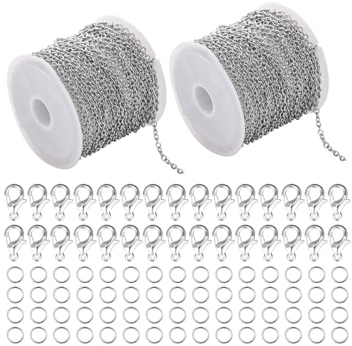 YUESIKJ 2 x 5 m link chains,Gliederkette 2 STK 5m Basteln Gliederkette 2.4mm Kette, sold by the metre, DIY chain making and jewellery making, chain band with 60 rings and 30 lobster clasps