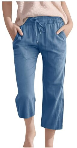 Generisch 3/4 Lange Leinenhose Kinder Mädchen Sommer Baumwolle Leinen Hose Lässige Weitem Bein Strandhose Leicht Einfarbig Jogginghose Hohe Taille Freizeithosen mit Taschen Sommerhose für Outdoor