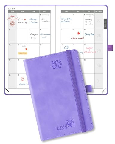 POPRUN Agenda de Poche 2 Ans Mensuel 2026-2027 A6 (24 Mois: Janv.'26 - Déc.'27) Papier 100 g/m², 4 Pages par Mois, 144 Pages, Reliure PU (Lilas)