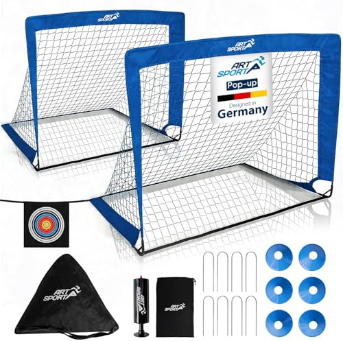 ArtSport But de Football Pop-up Goal Master – Set de 2 avec Accessoires – Pliable & prêt à Jouer – 2 buts intérieur & extérieur – Cage de Foot – Bleu