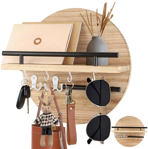 LUPATDY Portachiavi in legno vintage, portachiavi con ripiano, cassetta portachiavi con gancio, portachiavi rotondo per soggiorno, cucina, ufficio, corridoio, camera da letto, marrone chiaro