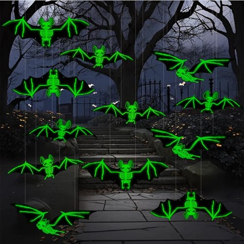 Decoración de Halloween, 12PCS Decoración Luminosa de Murciélago, Murciélagos de Plástico para Halloween, Murciélago Aterrador Decoraciones Colgantes, para Fiestas Patio Césped Porche Jardín
