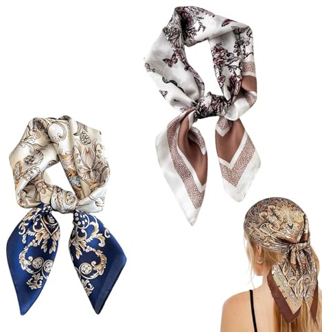 HECHKJ 2 Pezzi Sciarpa di Seta, 70×70 cm Bandana Donna, Rayon Bandana, Foulard Quadrato in Raso, 2 Modelli di Design, Utilizzabili per Decorare Abiti, Capelli o Collo