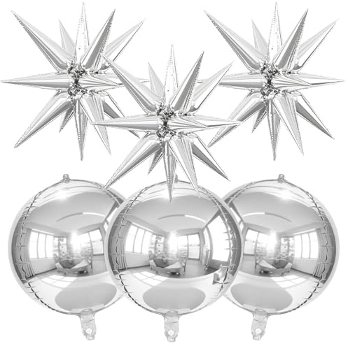 6 st 56 cm (22 tum) explosionsstjärnballonger och metalliskt silver 4D rund bollballong, stjärnbristande ballonger och 4D-folieballonger för födelsedag bröllop jul nyår examensdekorationer (silver)