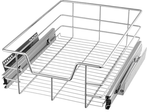 GREENSAPPIRE Pull-Out Telescopic Kitchen Basket Drawer Fits 40cm Cabinets (37cm Internal Width) | Chrome Finish | Full Extension | Heavy-Duty 20kg Load | Space-Saving Storage Organiser (1PC)