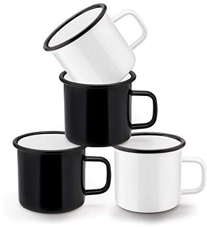 HaWare Enamel Coffee Tin Mug Set of 4 White/Black Enamel Drinking Cups, Ideal for Home/Office/Travel/Camping, Reusable & Portable, 350 ml - 12 Ounce