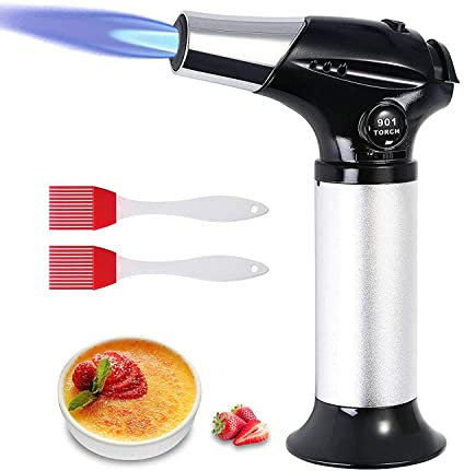 flintronic® Antorcha de Cocina, Antorcha de Butano Rellenable con Cierre de Seguridad, llama Ajustable con 2 Cepillos de Silicona para Cocinar, Barbacoa, Pasteles, Soldadura (Gas Butano no Incluido)