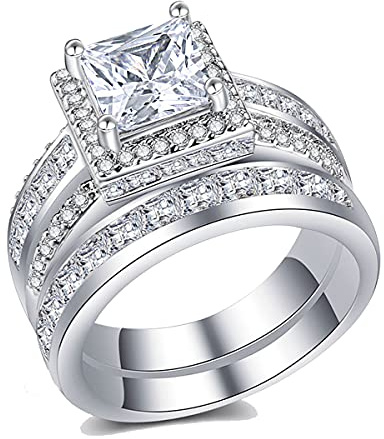 CEJUG 3Ct Wedding Rings for Women Princess Engagement Ring Set Bands 18k White Gold Plated Halo Cz Size 7