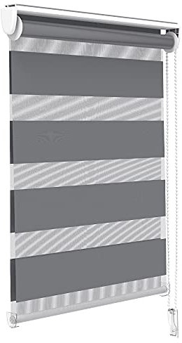 VOUNOT Day and Night Zebra Roller Blind with Clips 80 x 150 cm, Double Fabric Translucent or Blackout Vision Curtains for Window and Door, No Drilling, Grey
