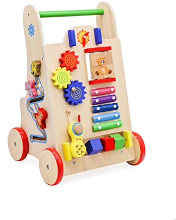IKONKA Baby Lauflernwagen 6in1 Lernwürfel für die ersten Schritte Spielzeug tragen Zählen lernen Zeit sagen Farben sortieren Kleine Motorik entwickeln Holz Fröhliche Farben