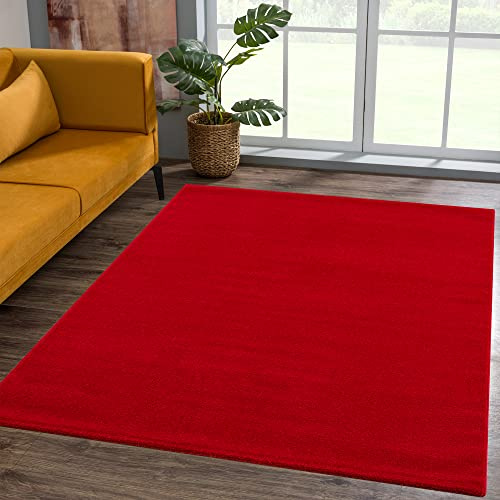 SANAT Kurzflor Teppich Wohnzimmer - Uni Modern Teppiche fürs Schlafzimmer, Arbeitszimmer, Büro, Flur, Kinderzimmer und Küche - Rot, 120 x 170 cm