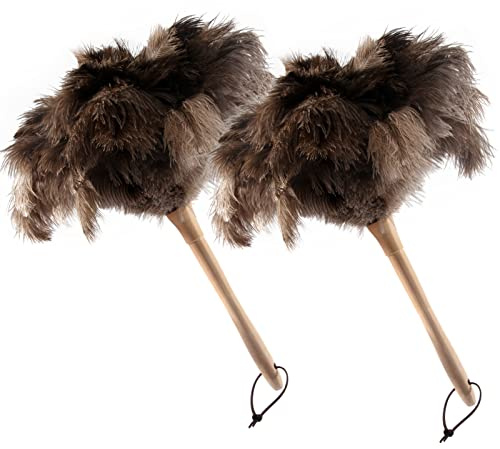 THARAHT 2PCS Ostrich Feather Duster 16 Inch Fluffy Natural with Wood Handle Reusable Washable for Cleaning Keyboard,Home,Car,Office Ostrich Feather Duster