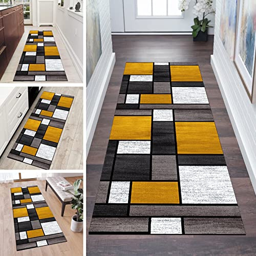 QQrunner Teppich Läufer Flur Meterware rutschfest Gelb Braun 100x400cm Waschbar Küchenteppich Patchwork Schlafzimmer Korridor Teppichläufer Lang, Anpassbare Größe, 60-120cm Breit
