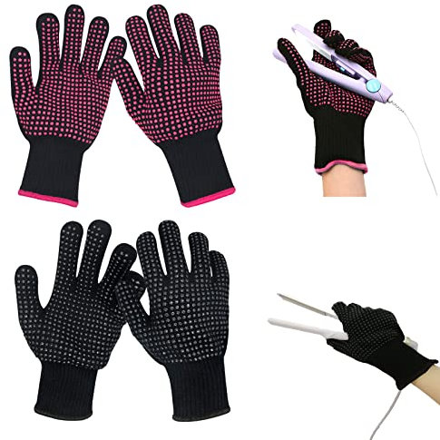 TSHAOUN 2 Paar Hitzebeständige Handschuhe für Haarstyling mit rutschfester Silikonnoppe 250°C Professionelle Lockenstab Handschuhe für Haar-Werkzeuge, Lockenstab, Flacheisen