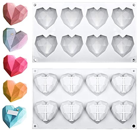 Herzform Backform, 3D Diamant Herz Silikonform 8-Kavität Silikon Herzform Schokoladenformen, Herzform Kuchenform Zum Backen Käsekuchen,Mousse,Schokolade,Eiswürfel(Weiß)