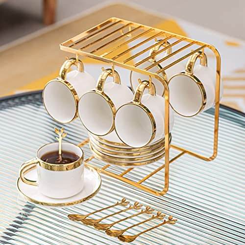Tazas De Té Y Platillos Set De 6 (240Ml / 8OZ), Set De Lujo Con Adornos Dorados, Tazas De Café De Té De La Tarde Con Soporte De Metal, Juego De Fiesta De Té De Porcelana Británica,Blanco