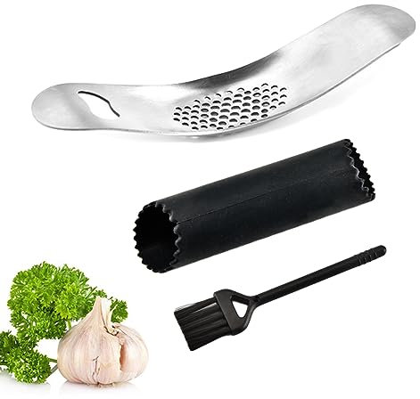 WUDQIJI Knoblauchpresse Knoblauchschneider 3-teiliges Set Edelstahl Rostfrei Knoblauchmühle Garlic Press Ingwer Smasher Crusher mit Reinigungsbürste Knoblauchschäler einfache Handhabung und Reinigung