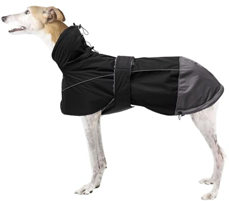 Morezi Greyhound Lurcher Winter Coat, Whippet Jacket with Padded Fleece, Water Resistant Dog Snowsuit with Adjustable Bands and High Reflective be Safety - Black - S