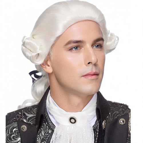 Traqur Herrenperücke, koloniale Richter, lange Wellen, weiße Perücke, Washington-Kostüm, Cosplay-Perücke (weiß)