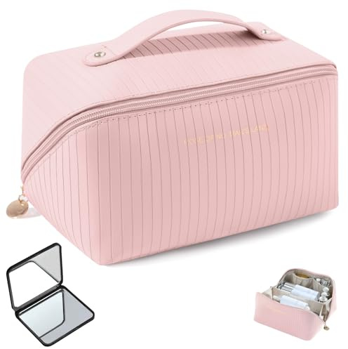 GeeRic Bolsa de Cosméticos Impermeable de Viaje, Bolsa de Maquillaje de Gran Capacidad con Espejo de Maquillaje, Bolsa de Cosméticos de Viaje Bolsa de Aseo Neceser Mujer con Separadores y Asa,Rosa