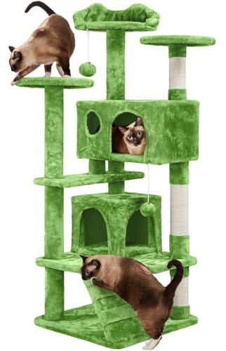 Yaheetech 139 cm Kratzbaum groß Stabiler Katzenbaum mit 2 Höhlen grün | FSC-zertifizierte Spanplatten | Mehrstöckig für Mehrkatzenhaushalte | mit Kippsicherung | für kleine & mittelgroße Katzen