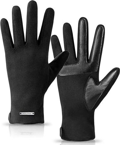 HOLDINA Handschuhe Damen Winter Warm, Handschuhe Damen Touchscreen mit Rutschfestem Leder, Geschenke für Damen Handschuhe mit Fleece Gefüttert (Schwarz-L)