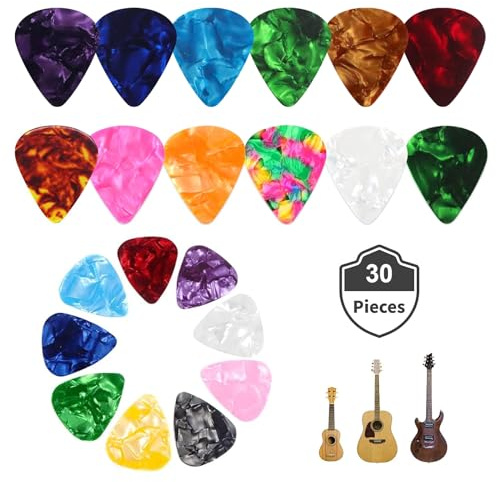 Kafeiya Guitar Picks 30 Stück, Zelluloid, 0.46MM-Dünn, 0.71MM-Medium, 0.96MM-Heavy, für Gitarre, Bass und Ukulele