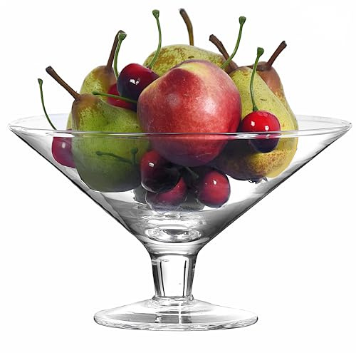 SOLAVIA Fruit Bowl Clear Glass Hand Crafted Fruit H18cm D19.5cm Home Kitchen, 1L for Dining Table Freya