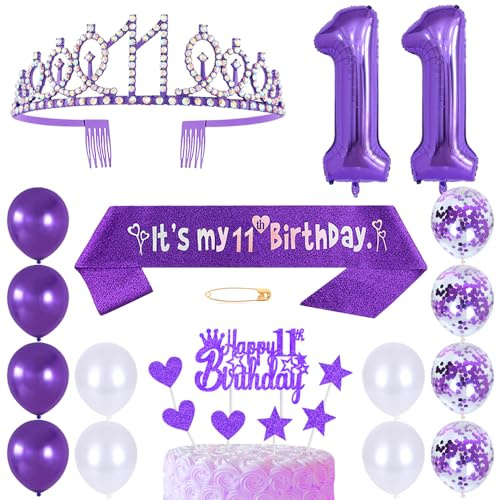 11th Birthday Sash Princess Crown Queen Tiara Rhinestone Headbands Cake Toppers Number 11 Helium Balloons Purple Latex Balloon 11 Birthday Decoration for Girls 11 Year Old