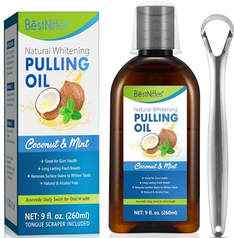 Coconut and Mint Infused Whitening Pulling Oil (9FL.OZ) 260ML – Natural Teeth Whitening & Fresh Breath Solution with Tongue Scraper
