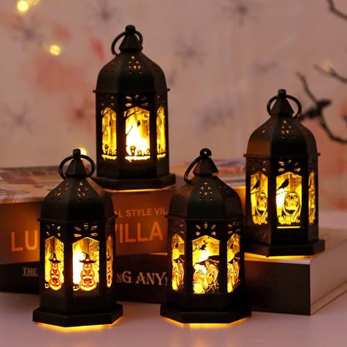 4 Pièces Lanterne Halloween LED, Suspendre Lanterne Decoration Halloween Exterieur Intérieur,Halloween Lanterne Bougie LED,Lanterne Citrouille Lumineuse Chandelier Jardins Décoration (B)