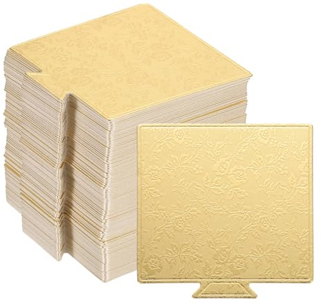 sourcing map 100pcs Mini Cake Boards, Mousse Cake Cardboards Square Cake Bases Plates Cupcake Dessert Displays Base Tray for Cupcakes, Cakes, Pastries, Dessert Base - Grease Proof (Floral Gold)