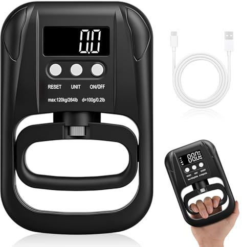Jinlaili Digitaler Handdynamometer 264 lbs / 120 kg, Elektronischer Griffkraft Messer, LED Bildschirm Griffkraft Messgerät, Griffstärke-Messgerät, Grip Strength Trainermit USB-Ladekabel, Schwarz