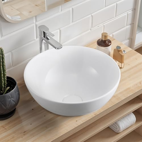 Warmiehomy Countertop Bathroom Vessel Ceramic Sink,Round Bowl Ceramic Basin with Waste Drainer for Bathroom Cloakroom Vanity Lavatory (White,32x32x13cm)