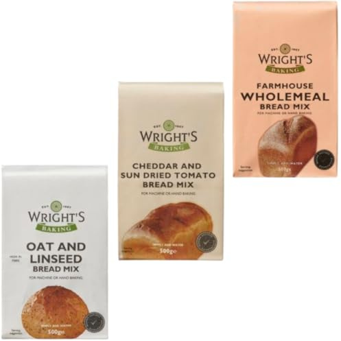 Wright's Oat & Linseed - Cheddar & Sundried Tomato & Farmhouse Wholemeal Bread Mix Each 500g - High-Fibre, Healthy, Versatile Baking - Bread Machine & Hand Baking