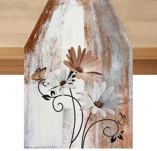 Runner da Tavola Moderno Marrone e Grigio Primavera Floreale 33 x 183 Runner Tavola Estate Lavabile Tavoli Centro Tovaglia Decorazioni per Matrimonio Caffè Armadietto Mobili Soggiorno