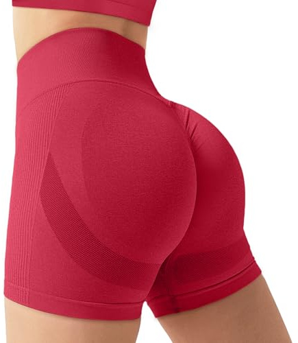Zhiaek Short Sport Femme Push Up Scrunch Butt Legging Court Taille Haute Short Cycliste Opaque Shorts sans Couture pour Yoga Running Fitness Gym Course à Pied Rouge M